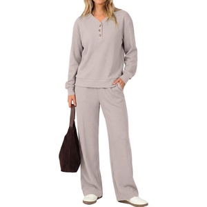 image:imageANRABESS Womens Lounge Sets 2026 Fall Winter 2 Piece Outfits Sweatsuits  Comfy Waffle Knit Loungewear Long Sleeve Henley Top amp Wide Leg Pants with PocketsCozy Soft Daily WearGrey Taupe