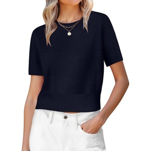 image:imageANRABESS Womens Short Sleeve Sweaters Cropped Crew Neck  Business Casual Work Tops Comfy Lightweight Knit Pullover Classic Sweater Shirts Spring Summer Fall OutfitsNavy Blue