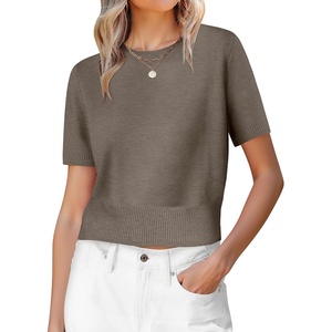 image:imageANRABESS Womens Short Sleeve Sweaters Cropped Crew Neck  Business Casual Work Tops Comfy Lightweight Knit Pullover Classic Sweater Shirts Spring Summer Fall OutfitsLight Coffee