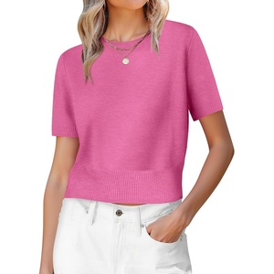 image:imageANRABESS Womens Short Sleeve Sweaters Cropped Crew Neck  Business Casual Work Tops Comfy Lightweight Knit Pullover Classic Sweater Shirts Spring Summer Fall OutfitsHot Pink