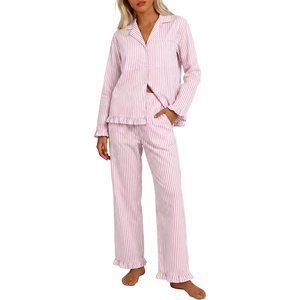 image:imageANRABESS Womens Striped amp Gingham Pajama Sets  Long Sleeve Button Shirts amp Wide Leg Pants with Pockets Soft Comfy Plaid Ruffle Hem Sleepwear 2 Piece Lounge Outfits Pj SetPink White Stripe