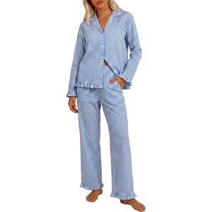 image:imageANRABESS Womens Striped amp Gingham Pajama Sets  Long Sleeve Button Shirts amp Wide Leg Pants with Pockets Soft Comfy Plaid Ruffle Hem Sleepwear 2 Piece Lounge Outfits Pj SetDeep Blue White Stripe