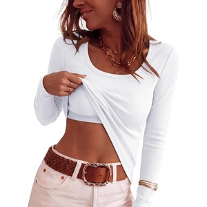 image:imageANRABESS Womens Tops Long Sleeve Shirt Built in Bra  Square NeckSoft Stretchy TextureRibbed Knit Slim Fit tees Casual Everyday Going Out Fall Winter Season LayerWhite