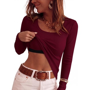 image:imageANRABESS Womens Tops Long Sleeve Shirt Built in Bra  Square NeckSoft Stretchy TextureRibbed Knit Slim Fit tees Casual Everyday Going Out Fall Winter Season LayerWine Red