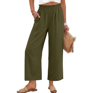 image:imageANRABESS Womens Wide Leg Cropped Palazzo Pants Army Green M  Lightweight Breathable Elastic High Waisted Pants Beach Vacation Flowy Lounge amp Casual Summer Trousers with Pockets