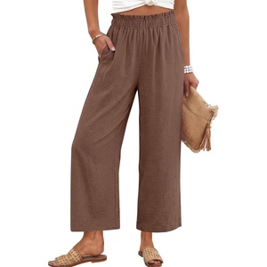 image:imageANRABESS Womens Wide Leg Cropped Palazzo Pants Brown S  Lightweight Breathable Elastic High Waisted Pants Beach Vacation Flowy Lounge amp Casual Summer Trousers with Pockets