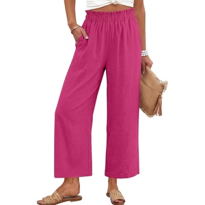 image:imageANRABESS Womens Wide Leg Cropped Palazzo Pants Hot Pink M  Lightweight Breathable Elastic High Waisted Pants Beach Vacation Flowy Lounge amp Casual Summer Trousers with Pockets