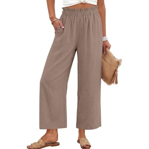 image:imageANRABESS Womens Wide Leg Cropped Palazzo Pants Light Camel S  Lightweight Breathable Elastic High Waisted Pants Beach Vacation Flowy Lounge amp Casual Summer Trousers with Pockets