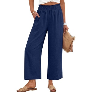 image:imageANRABESS Womens Wide Leg Cropped Palazzo Pants Navy Blue L  Lightweight Breathable Elastic High Waisted Pants Beach Vacation Flowy Lounge amp Casual Summer Trousers with Pockets