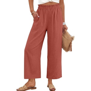 image:imageANRABESS Womens Wide Leg Cropped Palazzo Pants Orange Red S  Lightweight Breathable Elastic High Waisted Pants Beach Vacation Flowy Lounge amp Casual Summer Trousers with Pockets