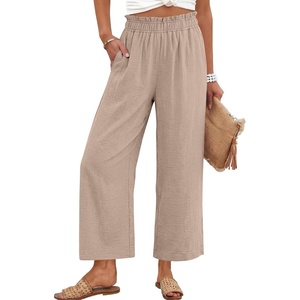 image:imageANRABESS Womens Wide Leg Cropped Palazzo Pants Parchment L  Lightweight Breathable Elastic High Waisted Pants Beach Vacation Flowy Lounge amp Casual Summer Trousers with Pockets
