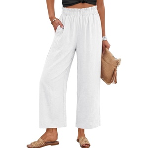 image:imageANRABESS Womens Wide Leg Cropped Palazzo Pants White M  Lightweight Breathable Elastic High Waisted Pants Beach Vacation Flowy Lounge amp Casual Summer Trousers with Pockets