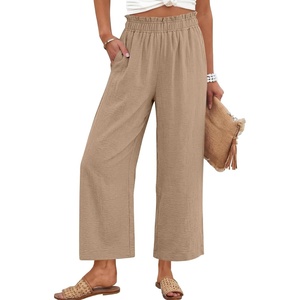 image:imageANRABESS Womens Wide Leg Cropped Palazzo Pants Yellow Khaki M  Lightweight Breathable Elastic High Waisted Pants Beach Vacation Flowy Lounge amp Casual Summer Trousers with Pockets