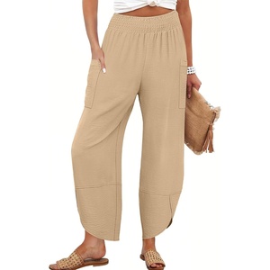 image:imageANRABESS Womens Wide Leg Palazzo Capri Barrel Pants  Lightweight Breathable High Waisted Cropped Trousers Beach Vacation Work Outfits Summer Casual Lounge Flowy PantsLight Khaki