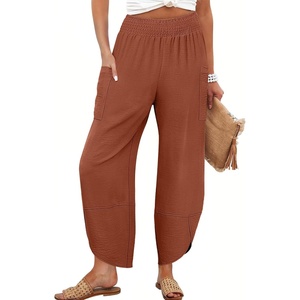 image:imageANRABESS Womens Wide Leg Palazzo Capri Barrel Pants  Lightweight Breathable High Waisted Cropped Trousers Beach Vacation Work Outfits Summer Casual Lounge Flowy PantsCaramel