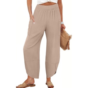 image:imageANRABESS Womens Wide Leg Palazzo Capri Barrel Pants  Lightweight Breathable High Waisted Cropped Trousers Beach Vacation Work Outfits Summer Casual Lounge Flowy PantsBeige