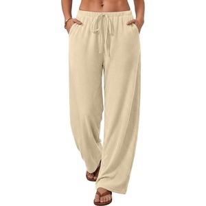 image:imageANRABESS Womens Wide Leg Palazzo Lounge Pants  Fall Lightweight Drawstring Elastic Waist Trousers with Pockets Casual Loose Flowy LoungewearBeige
