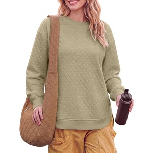 image:imageANRABESS Women Long Sleeve Quilted Lightweight Sweatshirt  Crew Neck Curved Hem Loose Fit Pullover TopsSoft Comfy Casual Business Daily WearTrendy 2026 Fall Winter Warm OutfitsKhaki
