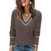 image:imageANRABESS Sweaters for Women Fall Lightweight Knit Pullover  Breathable Soft Stretchy Long Sleeve V Neck Loose Fit Shirts Business Casual Work Tops Winter Layering BlousesTaupe White