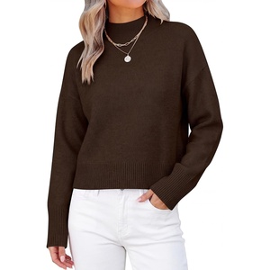 image:imageANRABESS Fall Sweaters for Women Lightweight Cropped Mock Neck  Long Sleeve Ribbed Knit Soft Comfy Pullover Tops Business Casual Work Travel Vacation Winter Layer ClothesCoffee