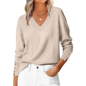 image:imageANRABESS Sweaters for Women Fall Lightweight Knit Pullover  Breathable Soft Stretchy Long Sleeve V Neck Loose Fit Shirts Business Casual Work Tops Winter Layering BlousesAlmond