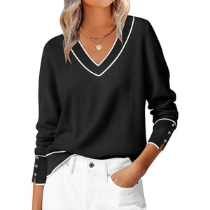 image:imageANRABESS Sweaters for Women Fall Lightweight Knit Pullover  Breathable Soft Stretchy Long Sleeve V Neck Loose Fit Shirts Business Casual Work Tops Winter Layering BlousesBlack White