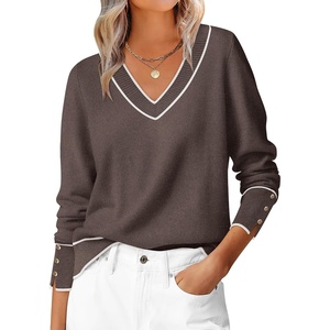 image:imageANRABESS Sweaters for Women Fall Lightweight Knit Pullover  Breathable Soft Stretchy Long Sleeve V Neck Loose Fit Shirts Business Casual Work Tops Winter Layering BlousesTaupe White