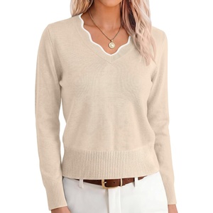 image:imageANRABESS Sweaters for Women Lightweight Fall Cropped  Long Sleeve V Neck Scalloped Pullover Top Soft Comfy Business Casual Work Outfits Travel Vacation Winter Layer ClothingAlmond White