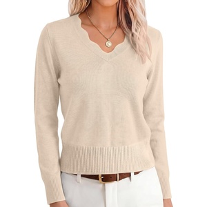 image:imageANRABESS Sweaters for Women Lightweight Fall Cropped  Long Sleeve V Neck Scalloped Pullover Top Soft Comfy Business Casual Work Outfits Travel Vacation Winter Layer ClothingAlmond