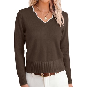 image:imageANRABESS Sweaters for Women Lightweight Fall Cropped  Long Sleeve V Neck Scalloped Pullover Top Soft Comfy Business Casual Work Outfits Travel Vacation Winter Layer ClothingBrown White
