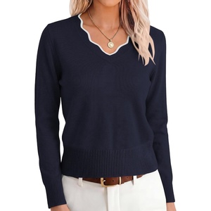 image:imageANRABESS Sweaters for Women Lightweight Fall Cropped  Long Sleeve V Neck Scalloped Pullover Top Soft Comfy Business Casual Work Outfits Travel Vacation Winter Layer ClothingNavy White