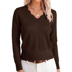 image:imageANRABESS Sweaters for Women Lightweight Fall Cropped  Long Sleeve V Neck Scalloped Pullover Top Soft Comfy Business Casual Work Outfits Travel Vacation Winter Layer ClothingCoffee