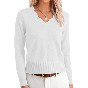 image:imageANRABESS Sweaters for Women Lightweight Fall Cropped  Long Sleeve V Neck Scalloped Pullover Top Soft Comfy Business Casual Work Outfits Travel Vacation Winter Layer ClothingWhite