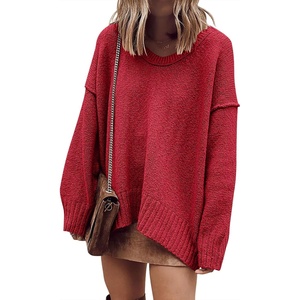 image:imageANRABESS Womens Fall Fashion Oversized Scoop V Neck Batwing Sleeve Sweater  Off Shoulder Wear Long Sleeve Ribbed Hem Pullover Sweater Loose Slouchy Fit Chunky Knit Soft Warm Outfits Winter ClothingRed