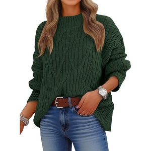 image:imageANRABESS Womens Mock Neck Cable Knit Sweaters  Oversized Long Sleeve Turtle Neck Tunic Sweater Soft Comfort Breathable 2026 Fall Winter Daily Wear ClothesDeep Green