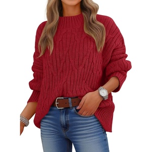 image:imageANRABESS Womens Mock Neck Cable Knit Sweaters  Oversized Long Sleeve Turtle Neck Tunic Sweater Soft Comfort Breathable 2026 Fall Winter Daily Wear ClothesRed