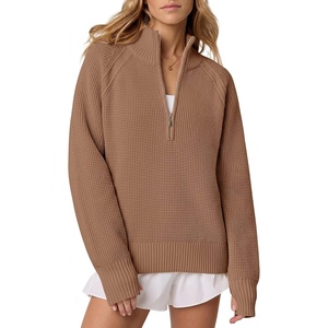 image:imageANRABESS Womens Sweaters Fall Waffle Knit Quarter Zip Pullover Top  Long Sleeve Oversized Collared Thumb Hole Shirts Soft Cozy Warm Work Business Casual OutfitsTravel Vacation Winter ClothesCamel