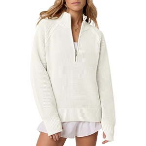 image:imageANRABESS Womens Sweaters Fall Waffle Knit Quarter Zip Pullover Top  Long Sleeve Oversized Collared Thumb Hole Shirts Soft Cozy Warm Work Business Casual OutfitsTravel Vacation Winter ClothesCream White