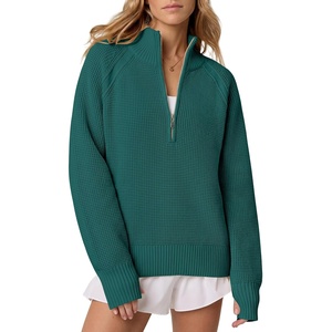 image:imageANRABESS Womens Sweaters Fall Waffle Knit Quarter Zip Pullover Top  Long Sleeve Oversized Collared Thumb Hole Shirts Soft Cozy Warm Work Business Casual OutfitsTravel Vacation Winter ClothesDark Green