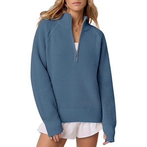 image:imageANRABESS Womens Sweaters Fall Waffle Knit Quarter Zip Pullover Top  Long Sleeve Oversized Collared Thumb Hole Shirts Soft Cozy Warm Work Business Casual OutfitsTravel Vacation Winter ClothesSlate Blue