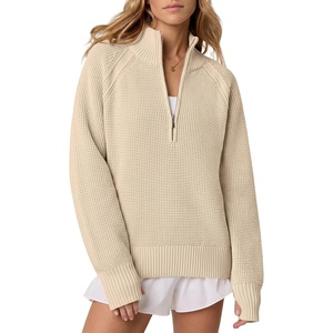 image:imageANRABESS Womens Sweaters Fall Waffle Knit Quarter Zip Pullover Top  Long Sleeve Oversized Collared Thumb Hole Shirts Soft Cozy Warm Work Business Casual OutfitsTravel Vacation Winter ClothesBeige