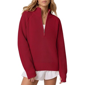 image:imageANRABESS Womens Sweaters Fall Waffle Knit Quarter Zip Pullover Top  Long Sleeve Oversized Collared Thumb Hole Shirts Soft Cozy Warm Work Business Casual OutfitsTravel Vacation Winter ClothesRed