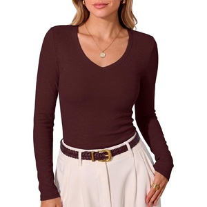 image:imageANRABESS Fall Long Sleeve Shirts for Women Wool Blend Tops  V Neck Slim Fit Knit Basic Tee Comfy Soft Lightweight Sweater Casual Going Out amp Work Daily Wear Winter Layering ClothesWine Red