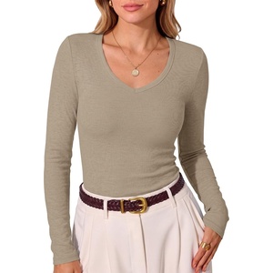 image:imageANRABESS Fall Long Sleeve Shirts for Women Wool Blend Tops  V Neck Slim Fit Knit Basic Tee Comfy Soft Lightweight Sweater Casual Going Out amp Work Daily Wear Winter Layering ClothesLight Khaki