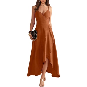 image:imageANRABESS Formal Dresses for Women Evening Party Cocktail Long Dress Split Elegant V Neck Wrap Ruffle Wedding Guest DressesCaramel