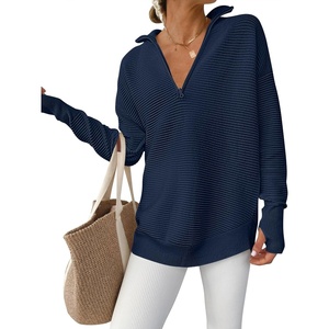 image:imageANRABESS Women Long Sleeve Quarter Zip Pullover Fall Sweater  Collared High Neck Thumb Holes ShirtsSoft Ribbed Knit Top for LeggingsWork Business Casual OutfitsTravel Vacation ClothingDark Blue