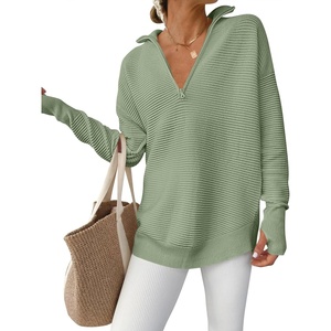 image:imageANRABESS Women Long Sleeve Quarter Zip Pullover Fall Sweater  Collared High Neck Thumb Holes ShirtsSoft Ribbed Knit Top for LeggingsWork Business Casual OutfitsTravel Vacation ClothingLight Green