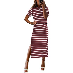 image:imageANRABESS Womens 2 Piece Striped Sweater Skirt Set  Comfy Knit Matching Outfit Short Sleeve Top amp Midi Pencil Skirt Summer Fall Spring Clothes for Work Casual Outing TravelRed White
