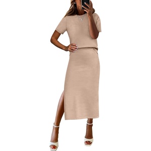 image:imageANRABESS Womens 2 Piece Striped Sweater Skirt Set  Comfy Knit Matching Outfit Short Sleeve Top amp Midi Pencil Skirt Summer Fall Spring Clothes for Work Casual Outing TravelBright Tan