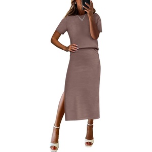 image:imageANRABESS Womens 2 Piece Striped Sweater Skirt Set  Comfy Knit Matching Outfit Short Sleeve Top amp Midi Pencil Skirt Summer Fall Spring Clothes for Work Casual Outing TravelNutmeg